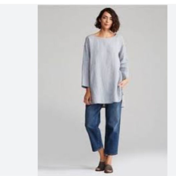Eileen Fisher Top Women's Large Blue/Grey Organic Linen Chambray Split Hem - Picture 3 of 14